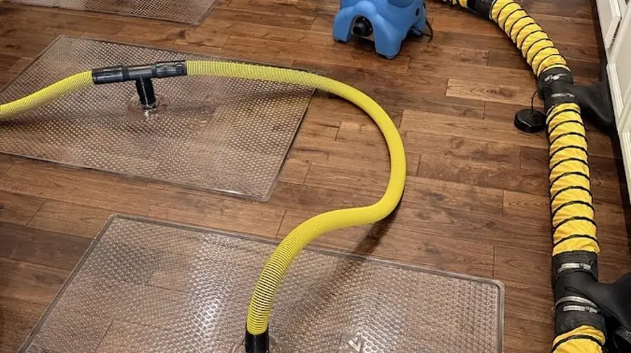 Air movers and a dehumidifier drying a water damaged Addison, TX room