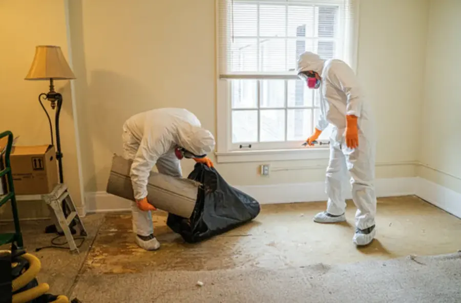 Technicians in protective gear cleaning a Category 3 sewage backup in Addison
