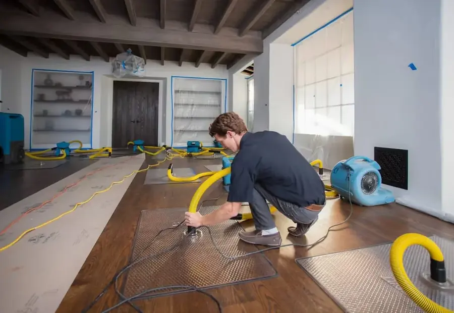 Restoration technician drying a water damaged floor in an Addison, TX home