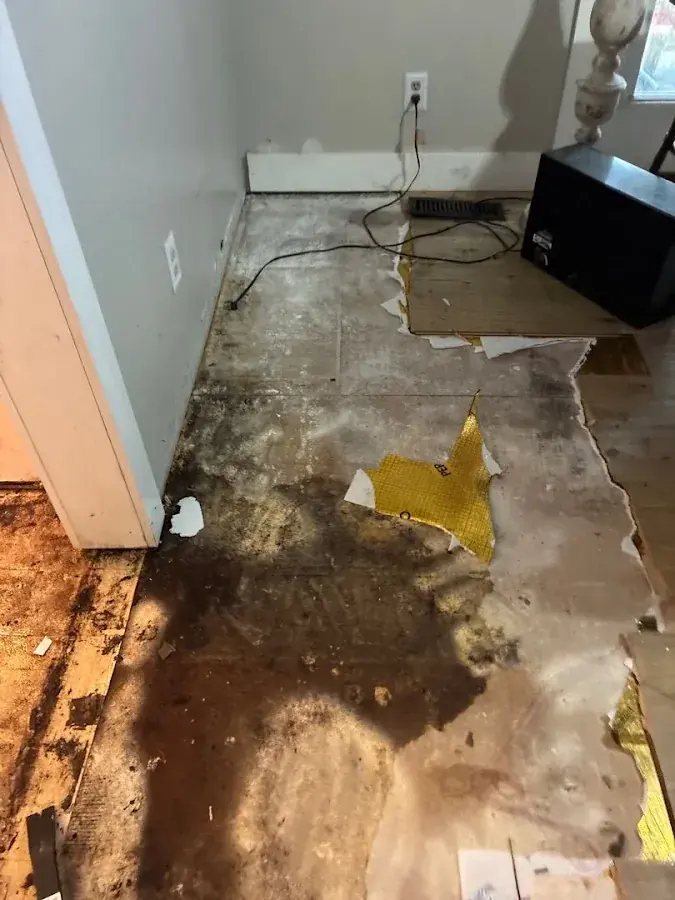 Water spreading across the floor and baseboards after a burst pipe