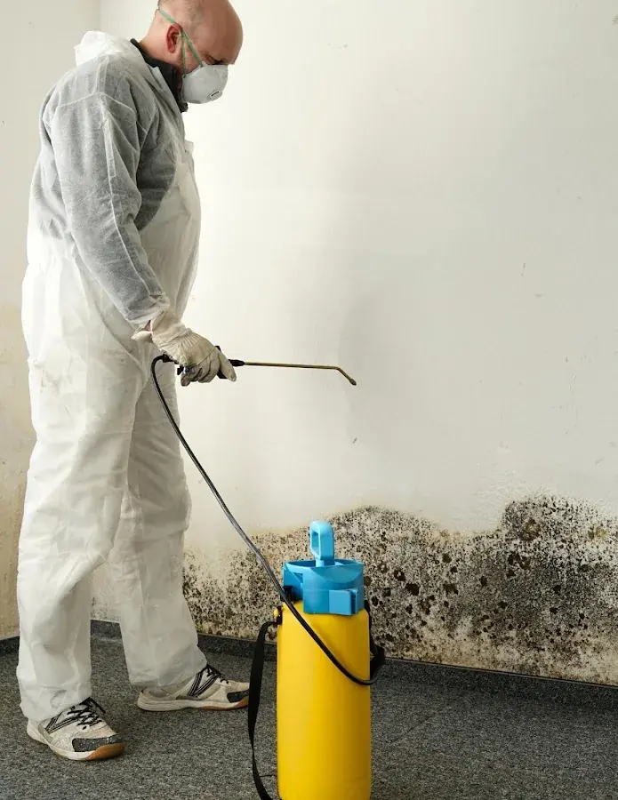 Technician in protective gear treating mold along a damp Addison wall